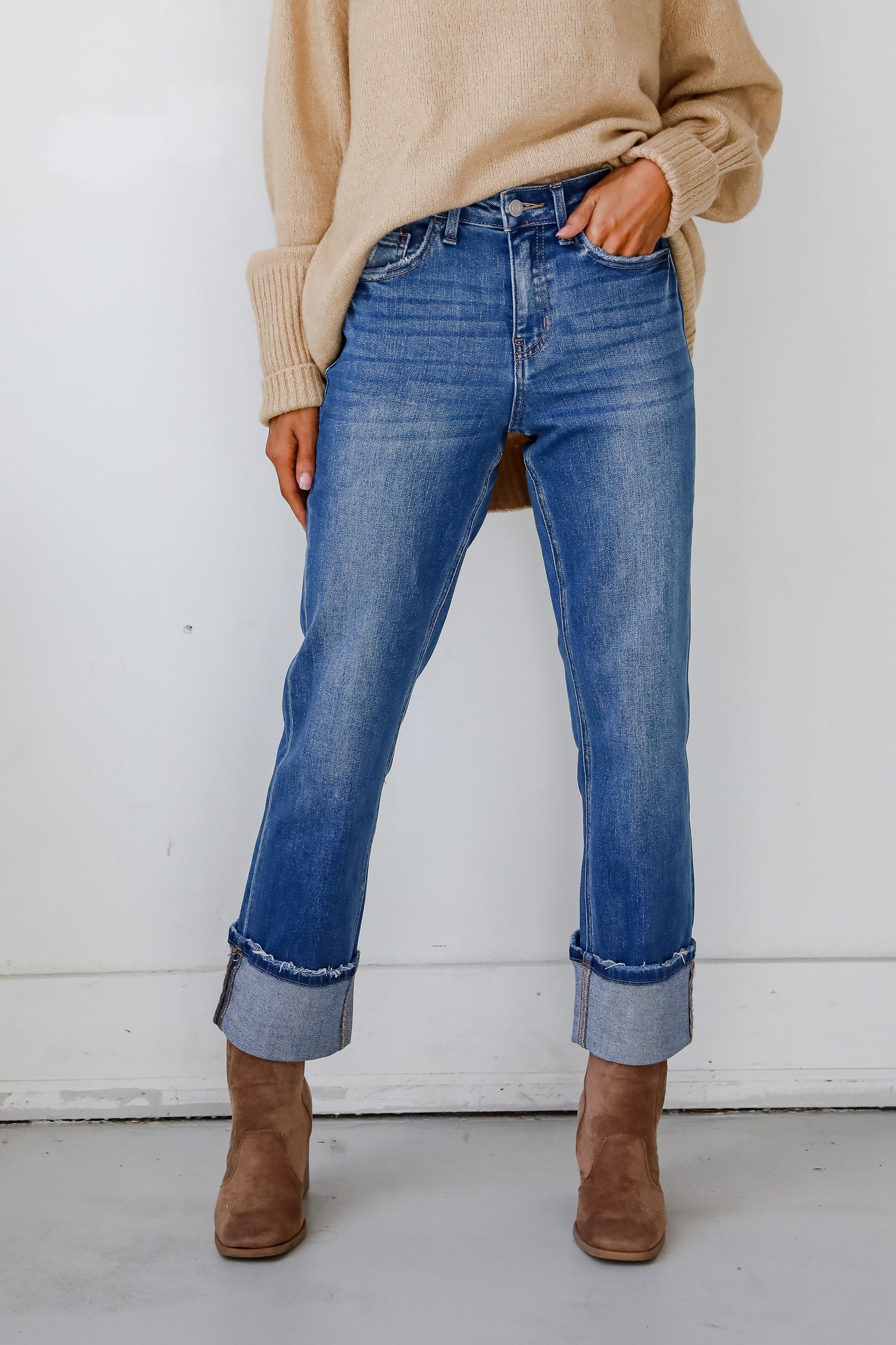 Daphne Medium Wash High-Rise Cuffed Straight Jeans