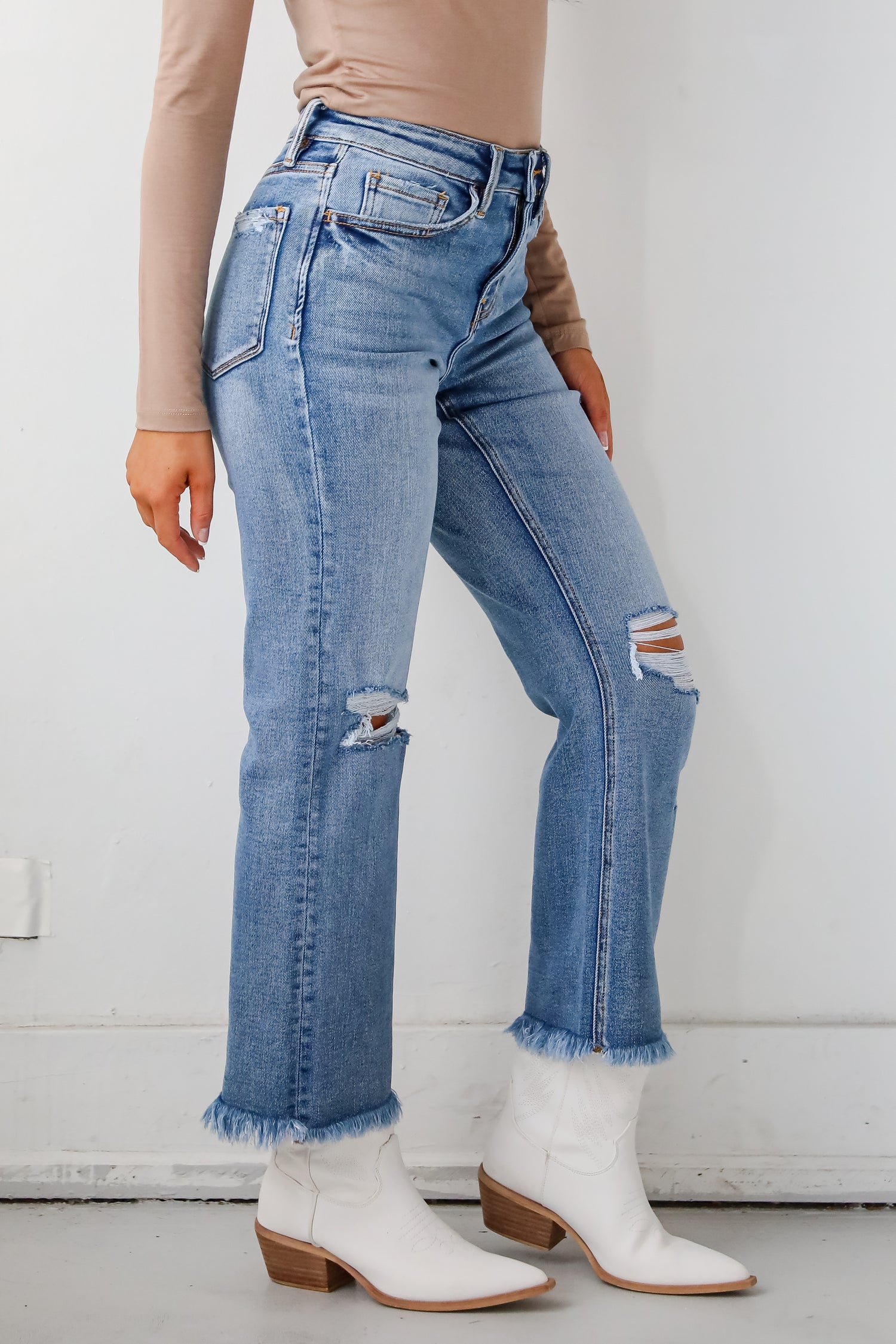 Emily Medium Wash High Rise Distressed Straight Leg Jeans