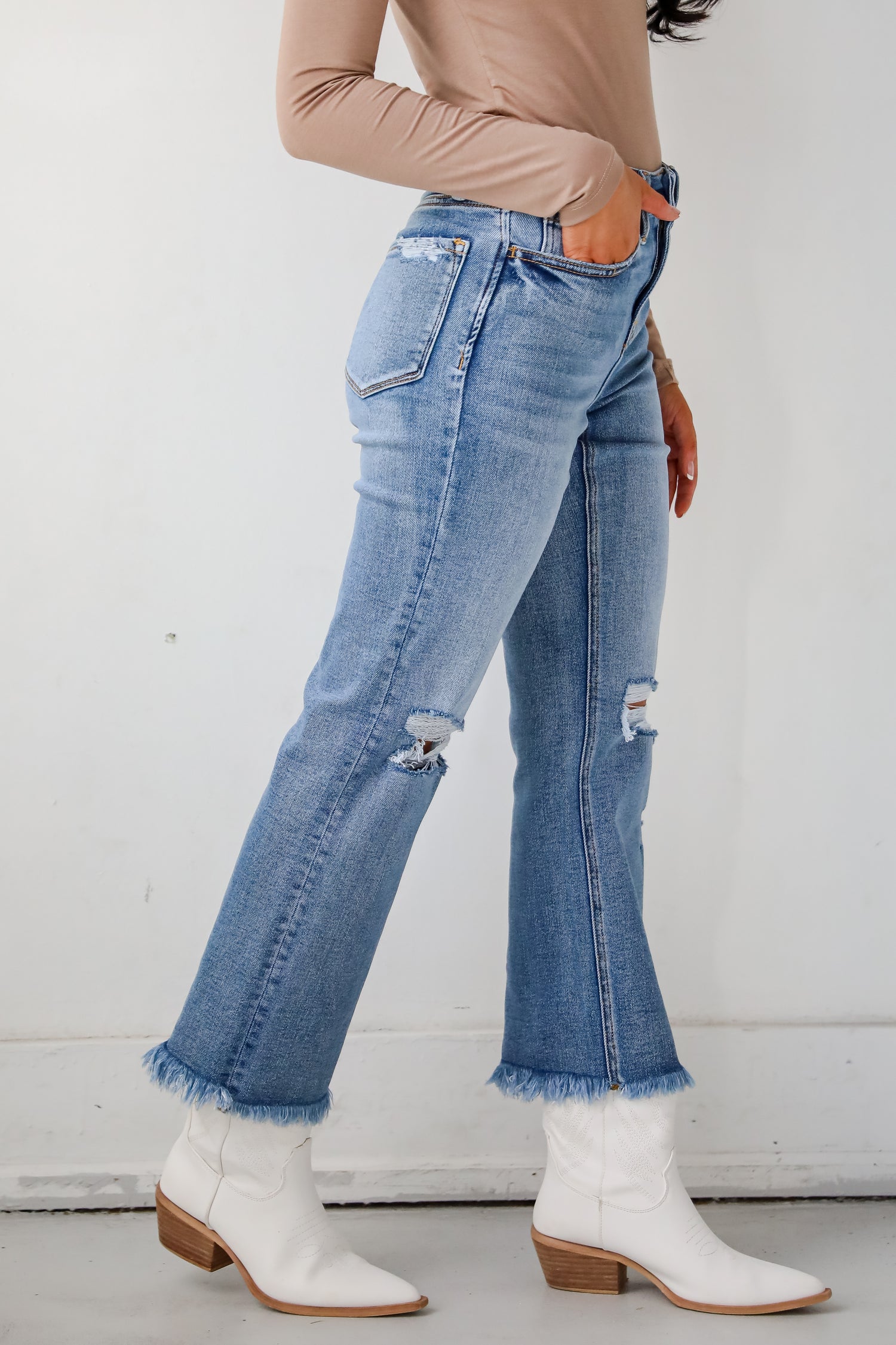 Emily Medium Wash High Rise Distressed Straight Leg Jeans