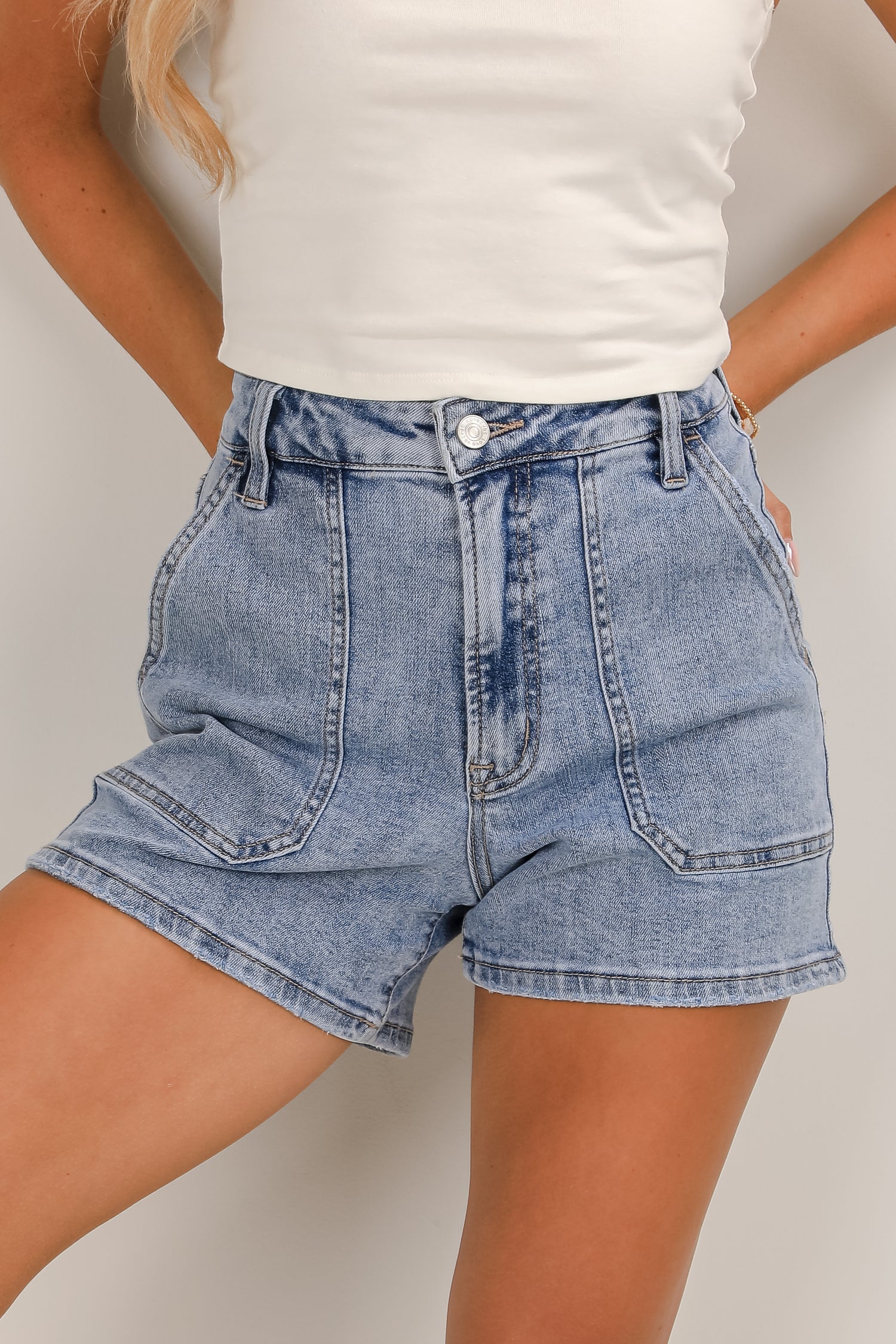 Medium Wash High-Rise Mom Denim Shorts Vervet Dress Up