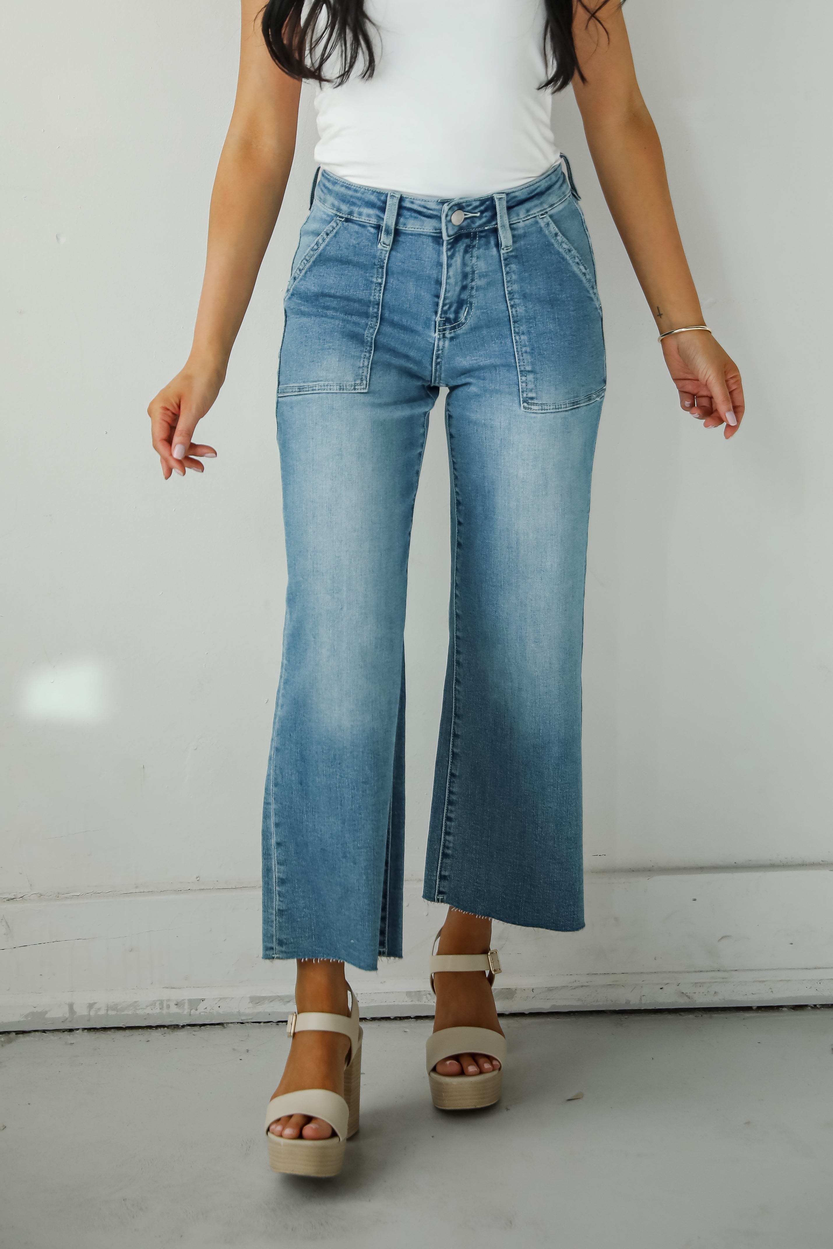 Lyla Medium Wash High-Rise Utility Crop Wide Leg Jeans