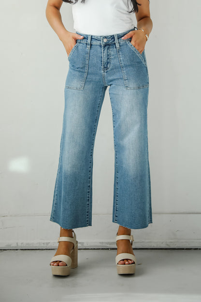 Lyla Medium Wash High-Rise Utility Crop Wide Leg Jeans