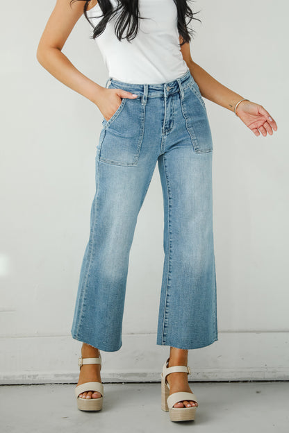 Lyla Medium Wash High-Rise Utility Crop Wide Leg Jeans