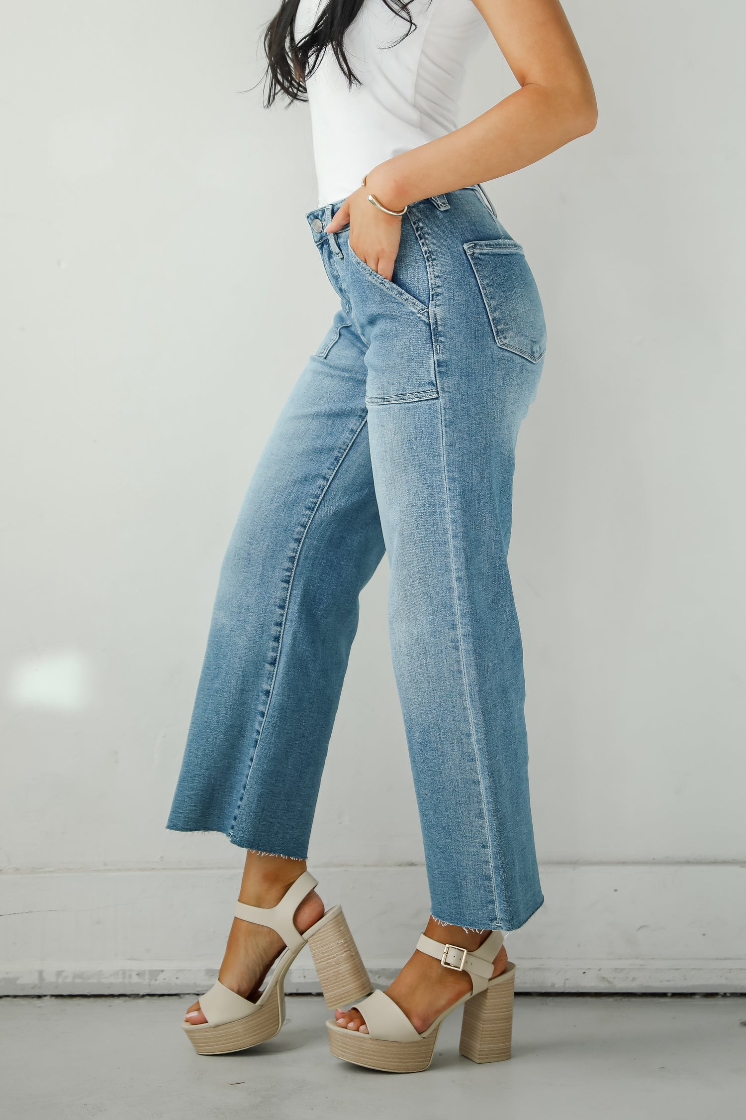 Lyla Medium Wash High-Rise Utility Crop Wide Leg Jeans