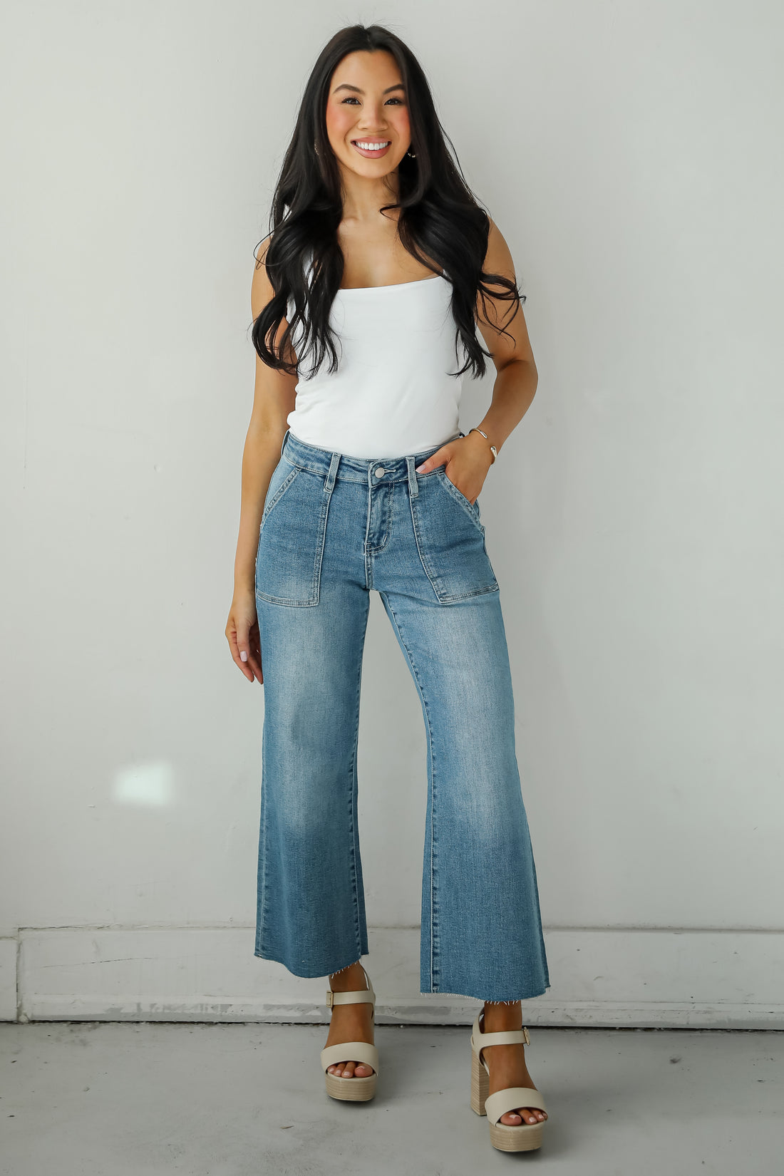 Lyla Medium Wash High-Rise Utility Crop Wide Leg Jeans