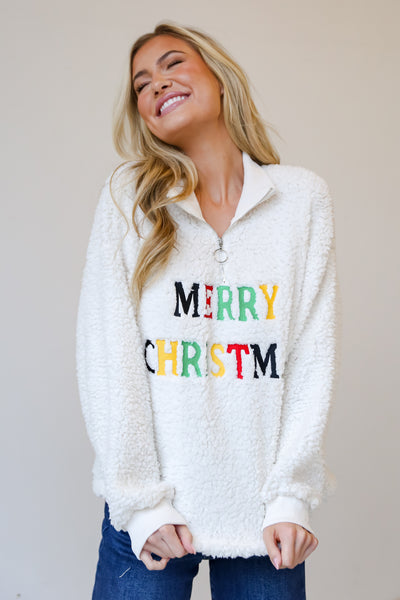 Merry Christmas Ivory Sherpa Quarter Zip Pullover on model