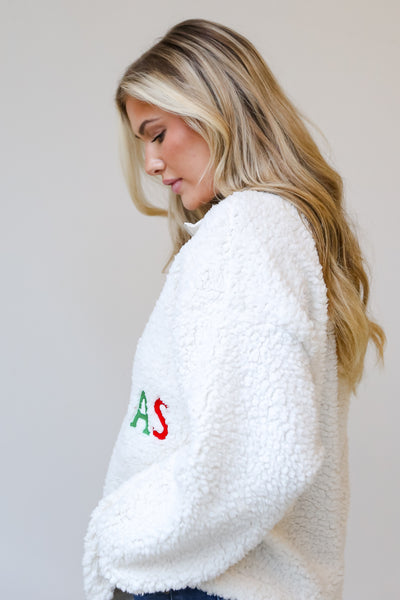 Merry Christmas Ivory Sherpa Quarter Zip Pullover side view