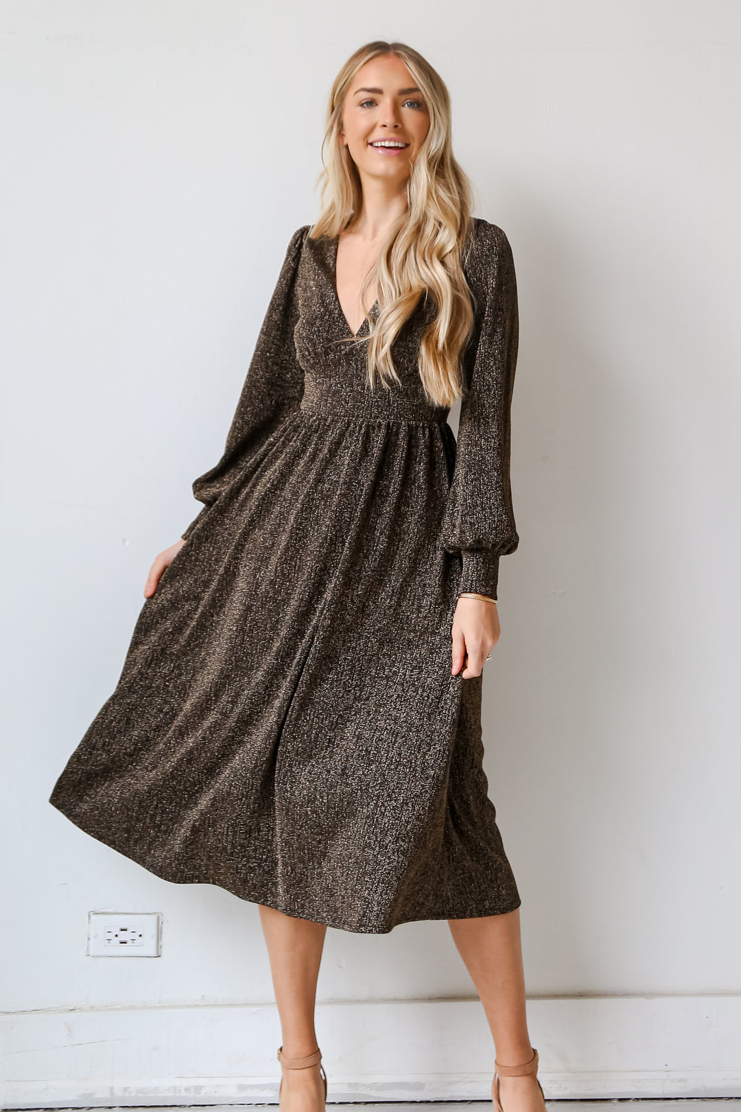 Black Metallic Midi Dress on model