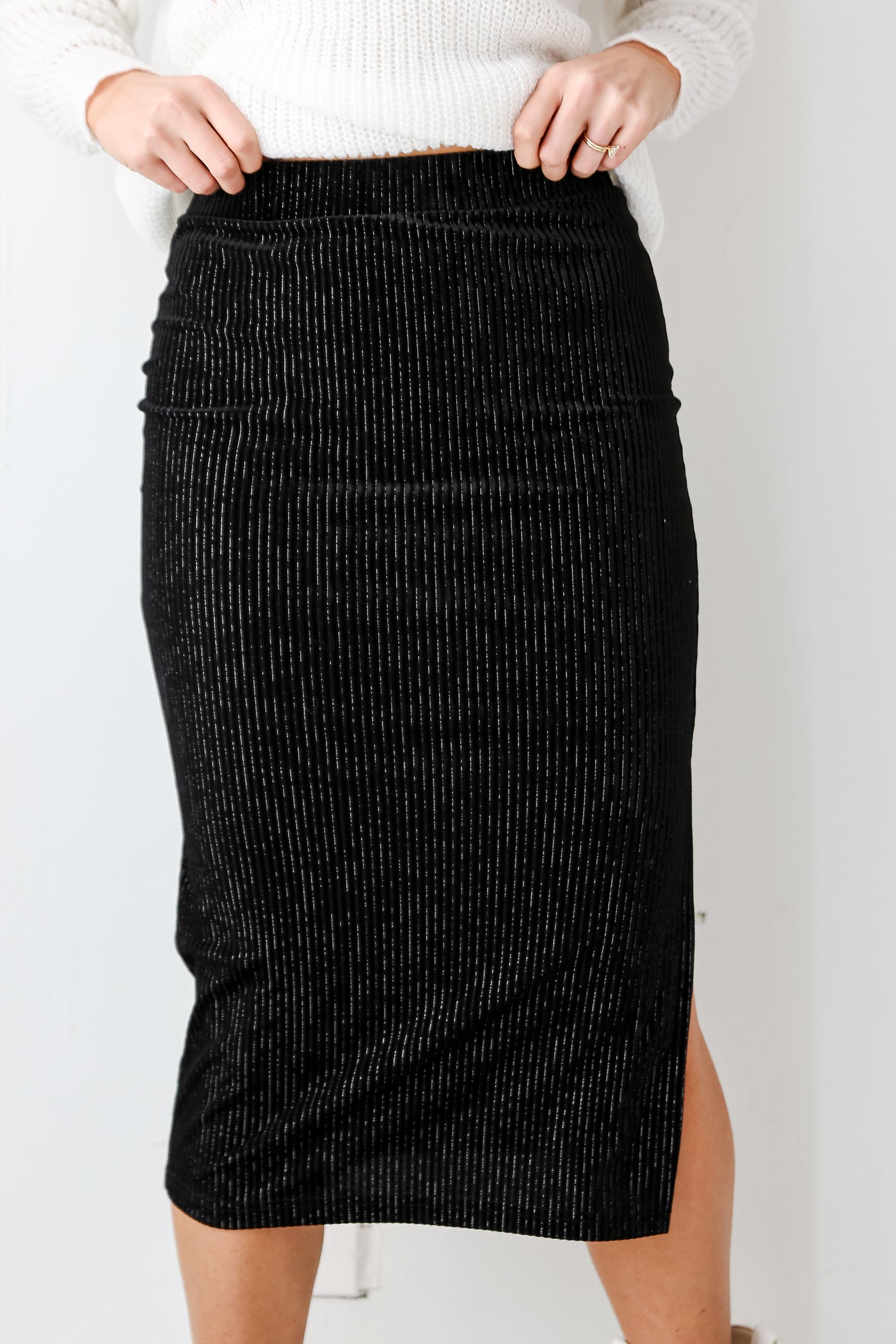 black Velvet Metallic Stripe Midi Skirt