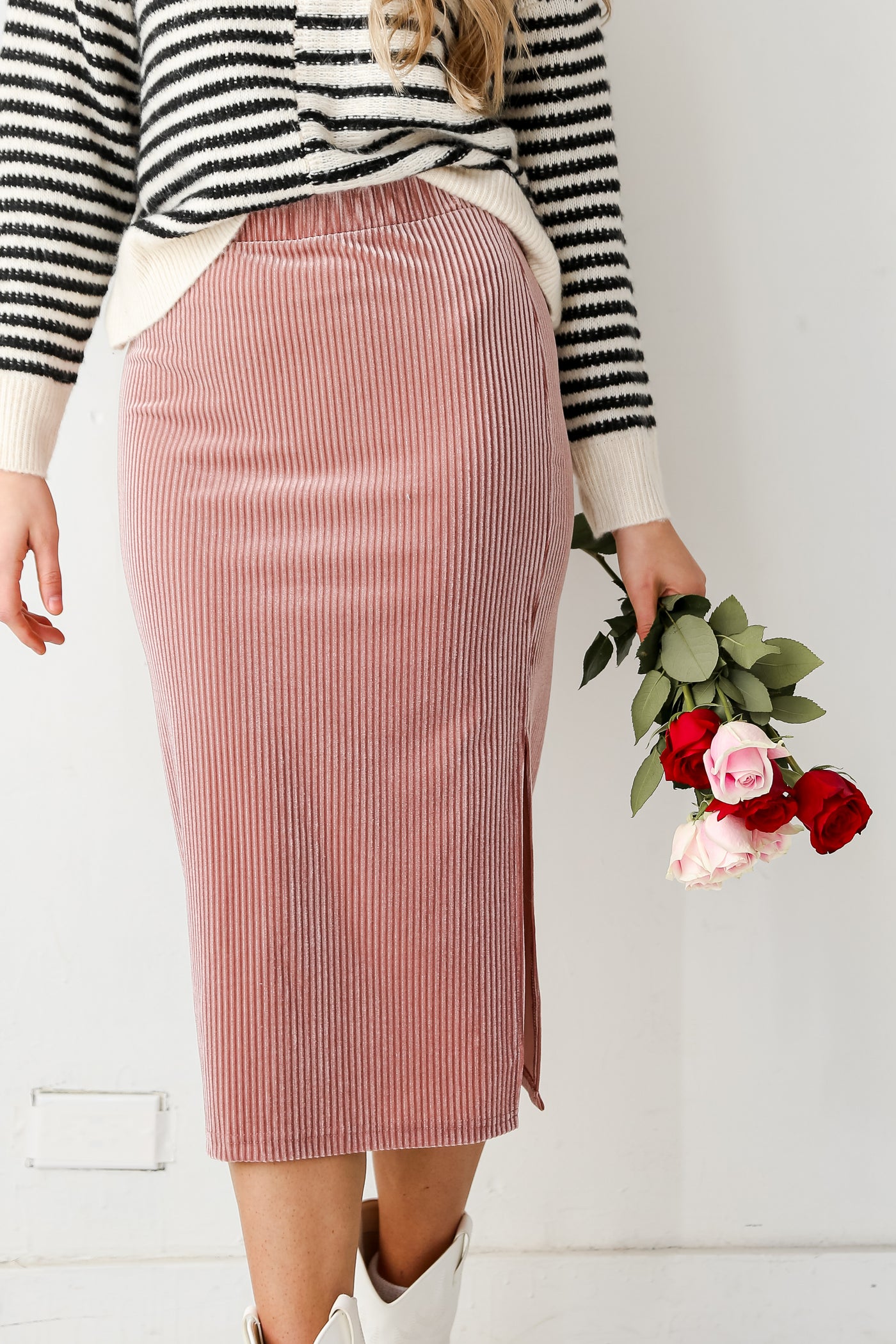pink Velvet Metallic Stripe Midi Skirt