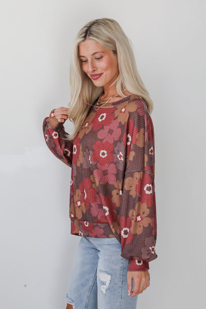 Special Sweetness Mocha Floral Waffle Knit Top