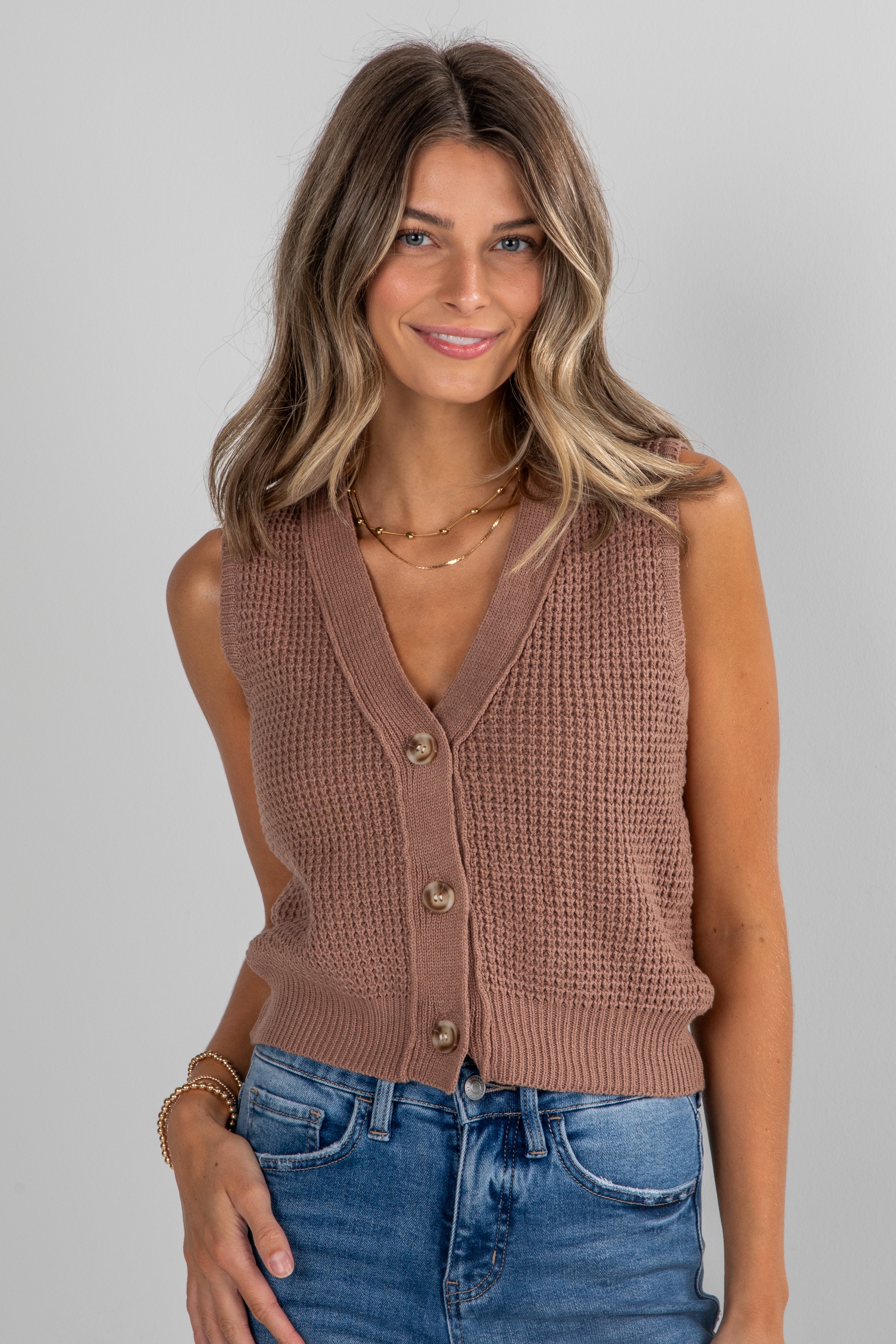 brown knit button up tank