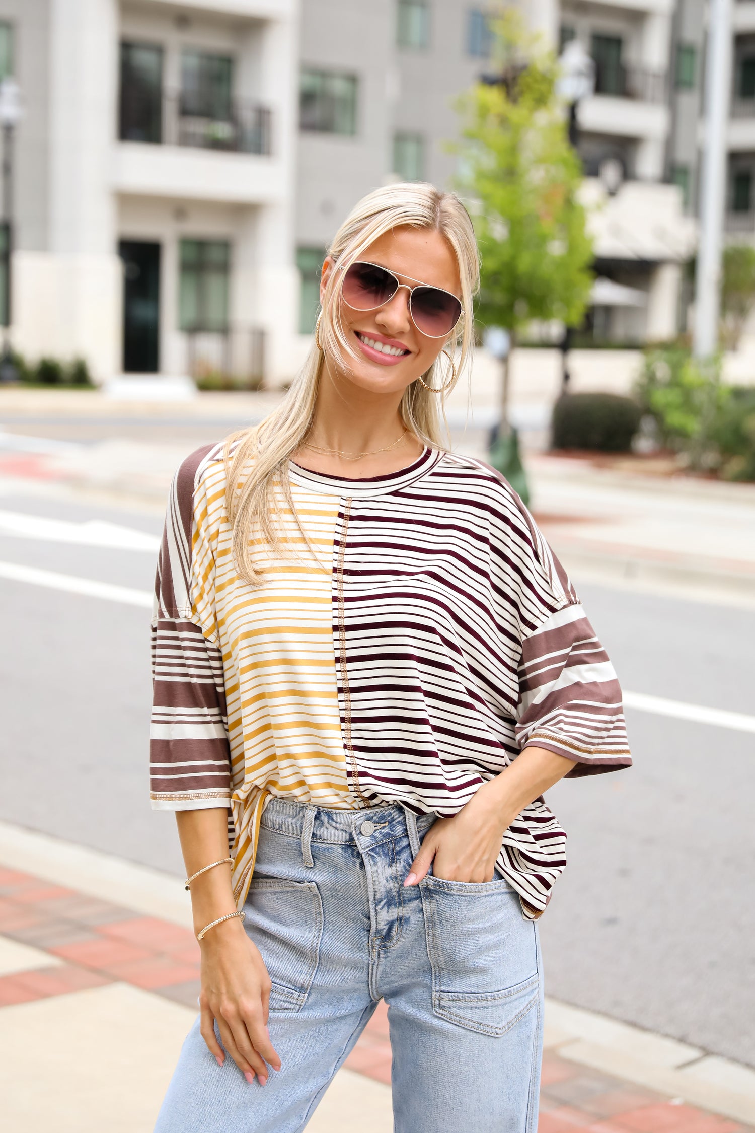 Seriously Comfy Mocha Striped Color Block Top