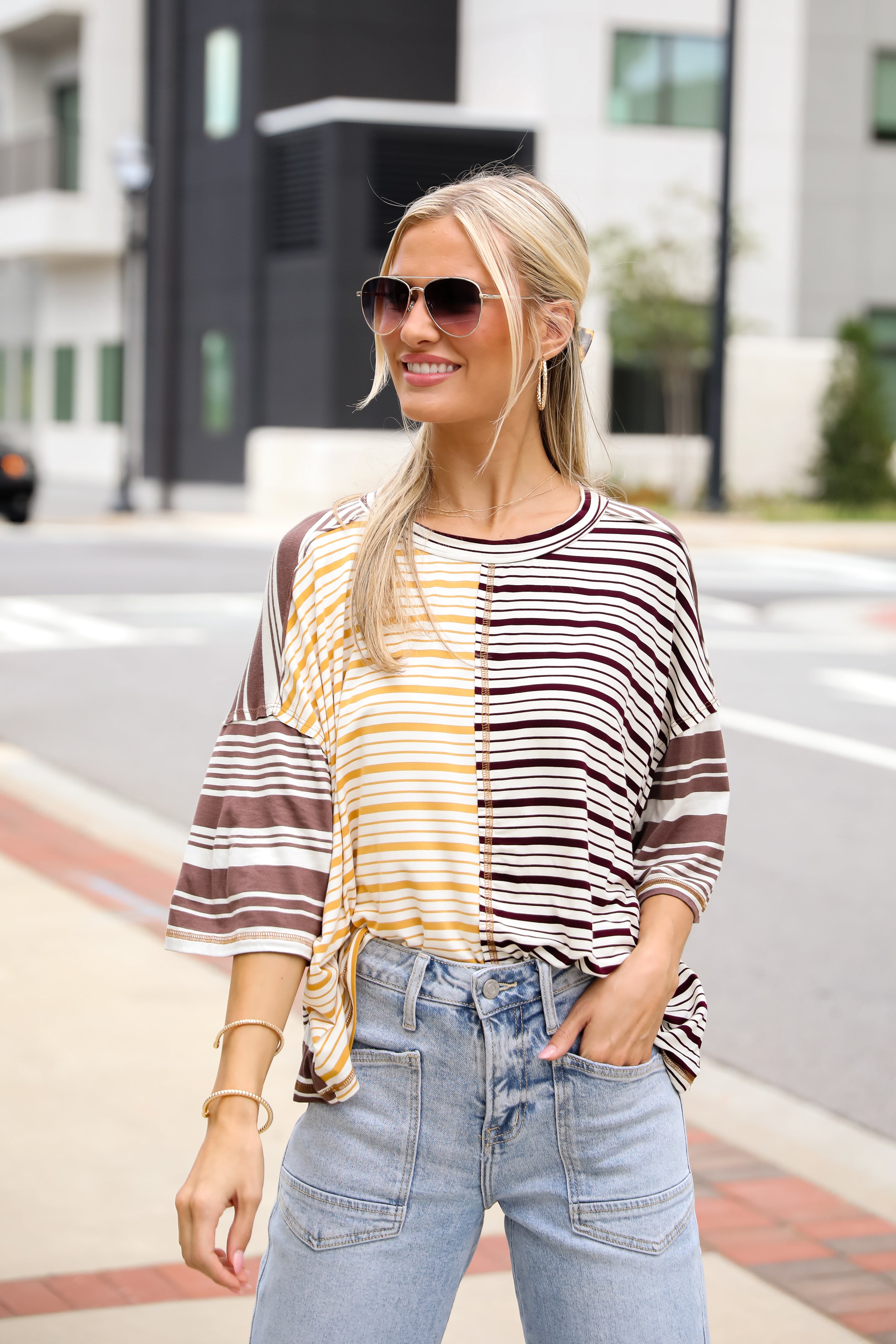 Seriously Comfy Mocha Striped Color Block Top