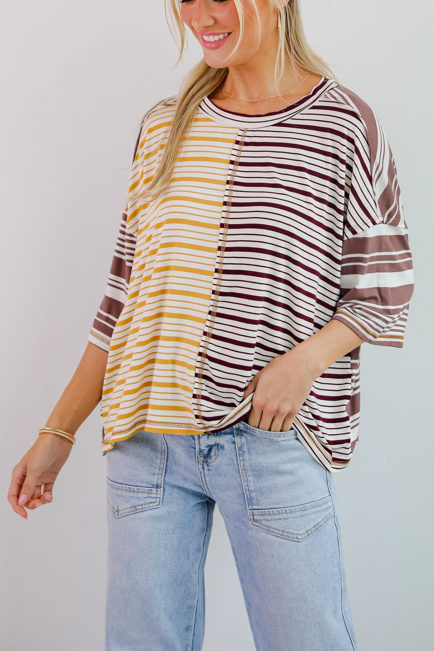 Seriously Comfy Mocha Striped Color Block Top