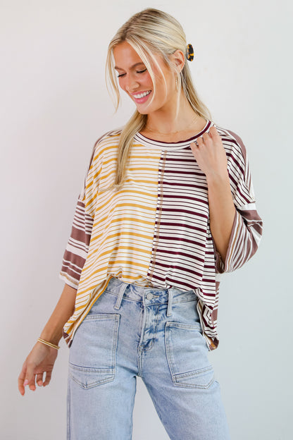 Seriously Comfy Mocha Striped Color Block Top