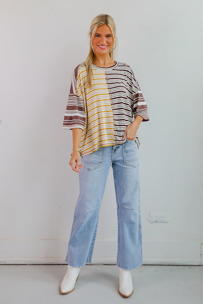 Seriously Comfy Mocha Striped Color Block Top