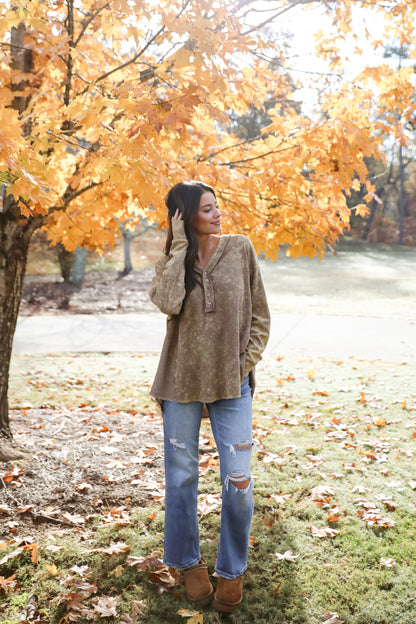 Convincing Composure Mocha Waffle Knit Henley Top