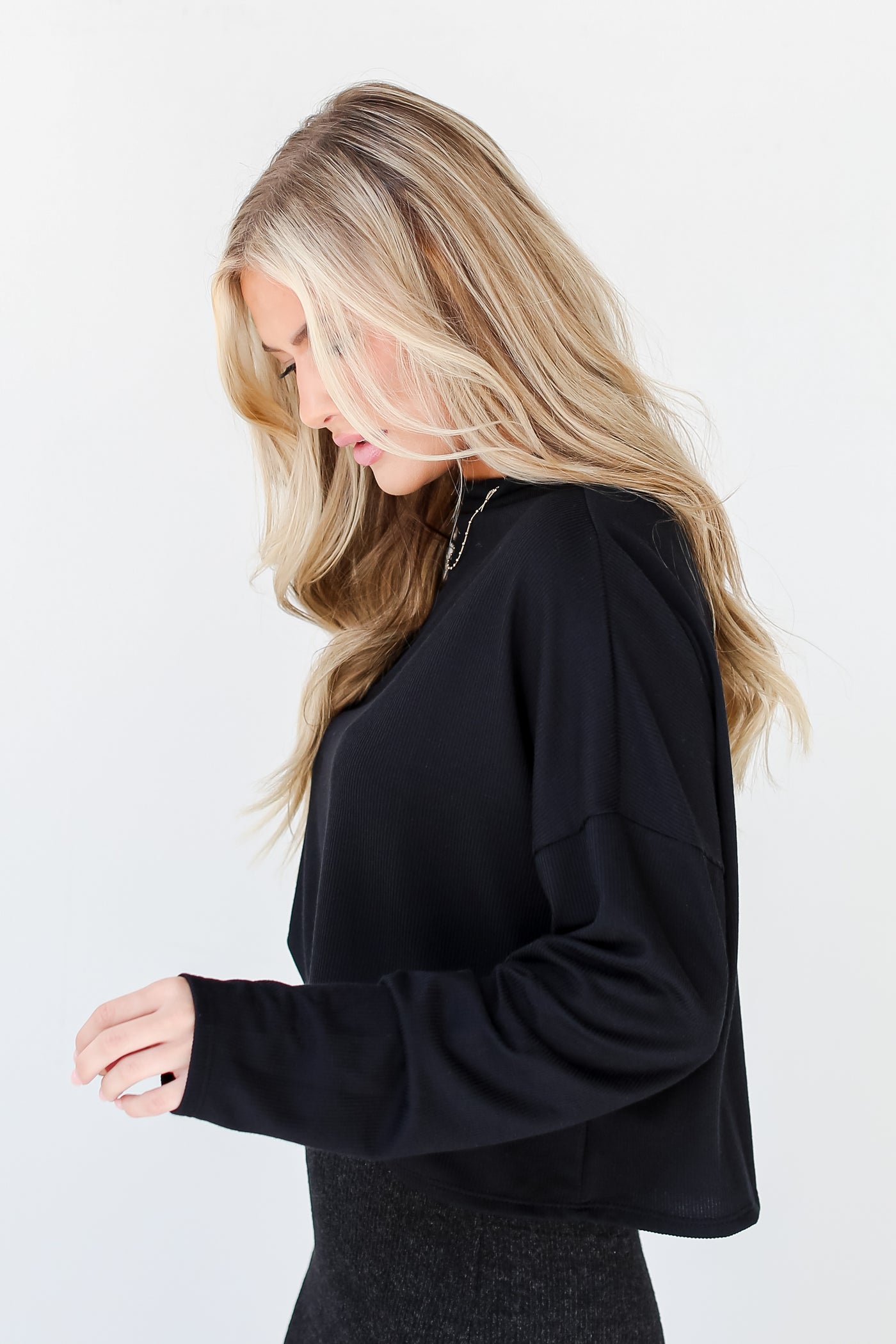 black Corded Mock Neck Top side view