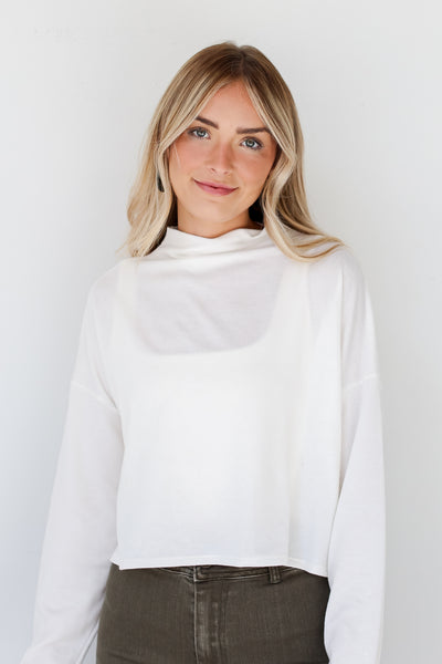 white Corded Mock Neck Top close up