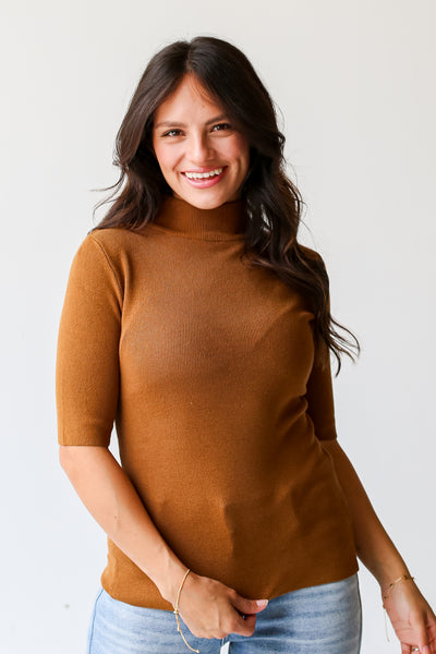 camel Mock Neck Knit Top for fall