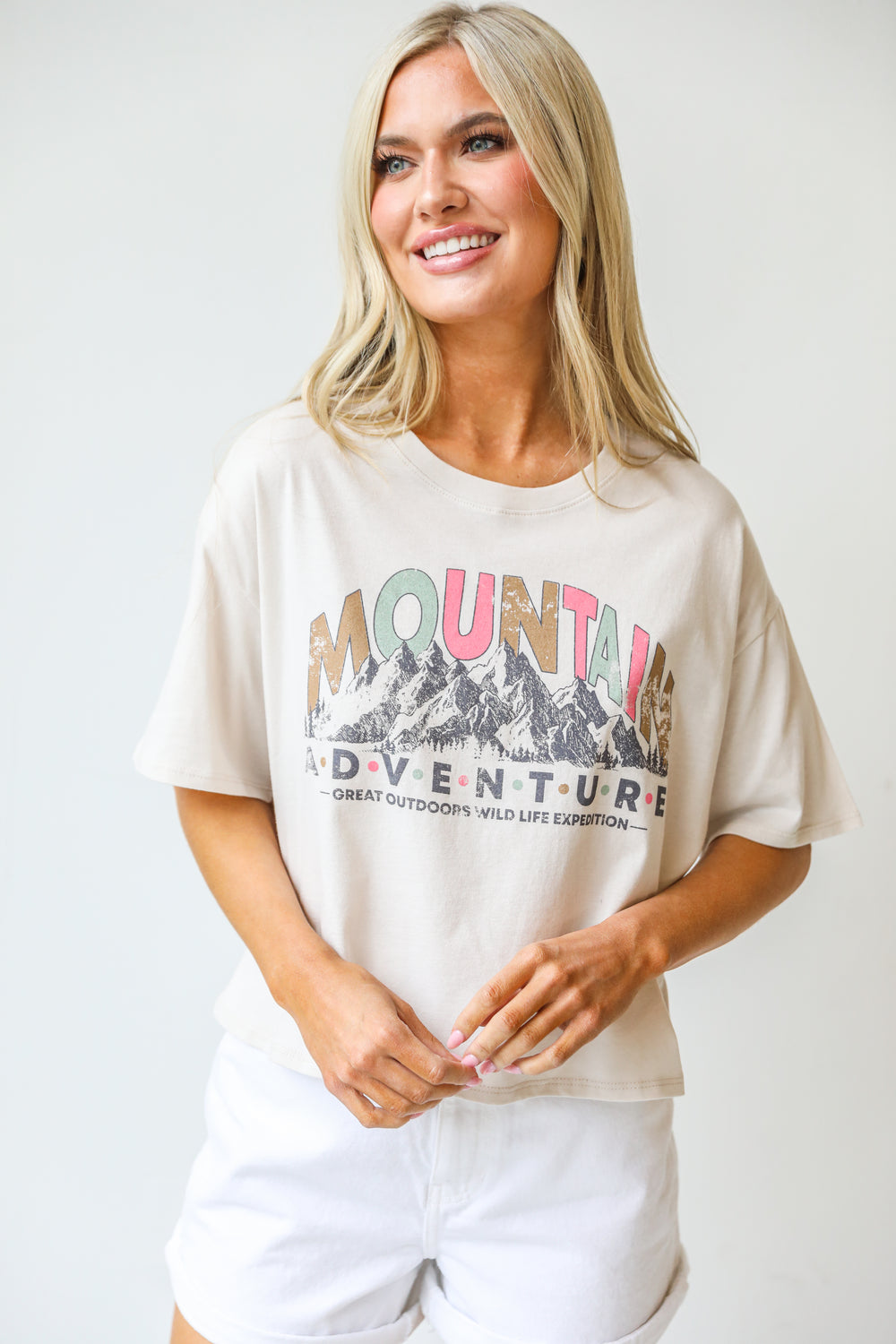 Mountain Adventure Cropped Graphic Tee on model