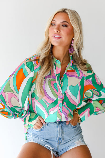 Groovy Button-Up Blouse tucked in