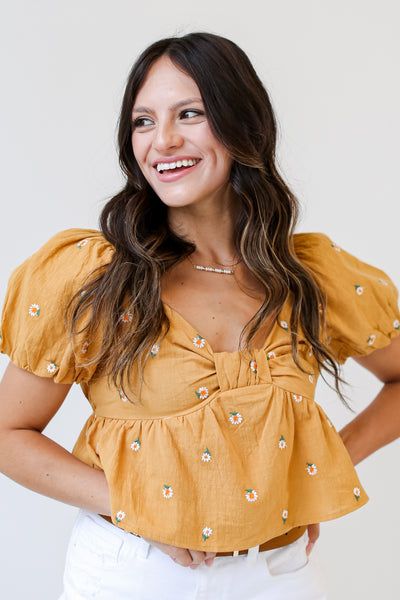 yellow Floral Cropped Blouse on dress up model