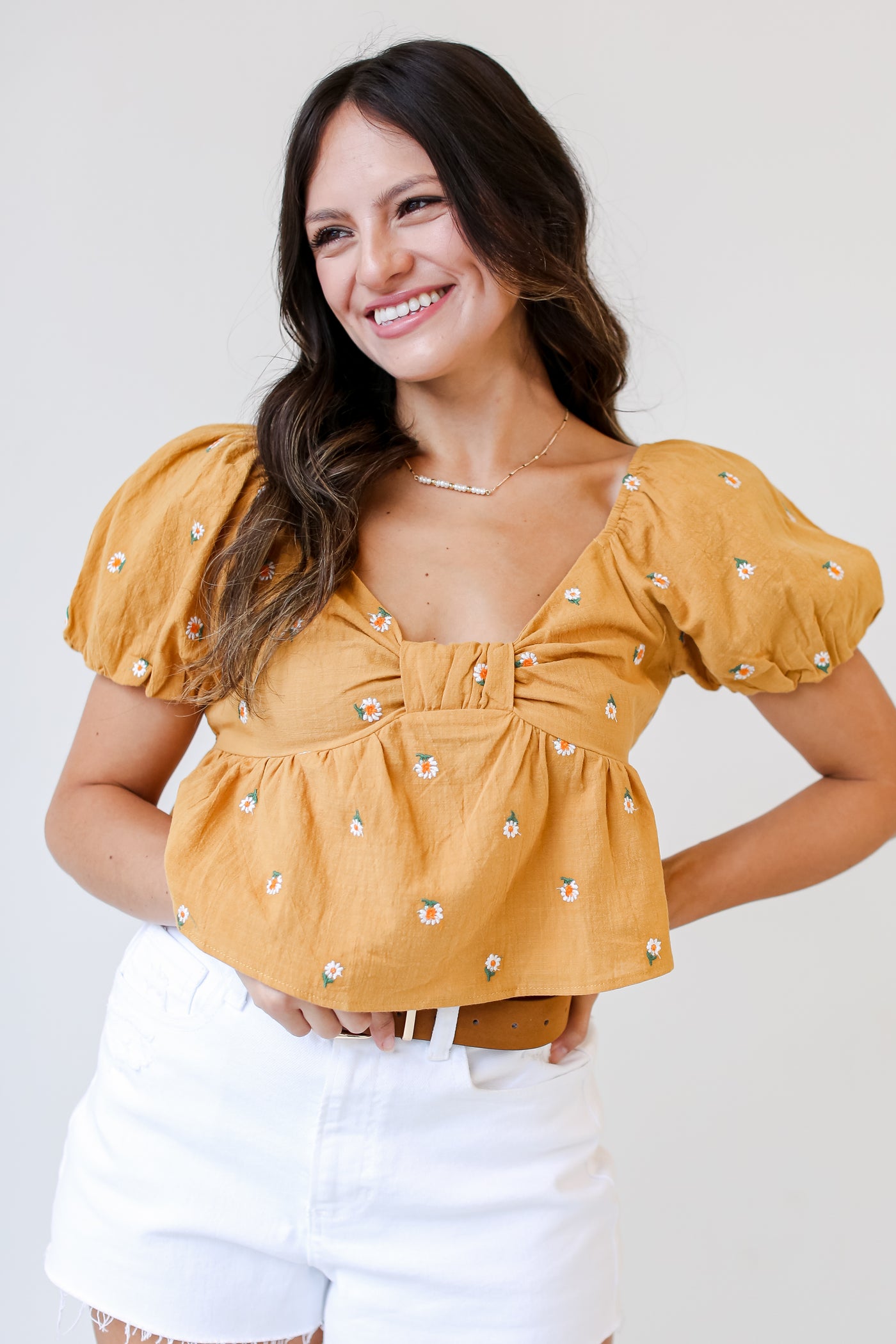 yellow Floral Cropped Blouse front view on model