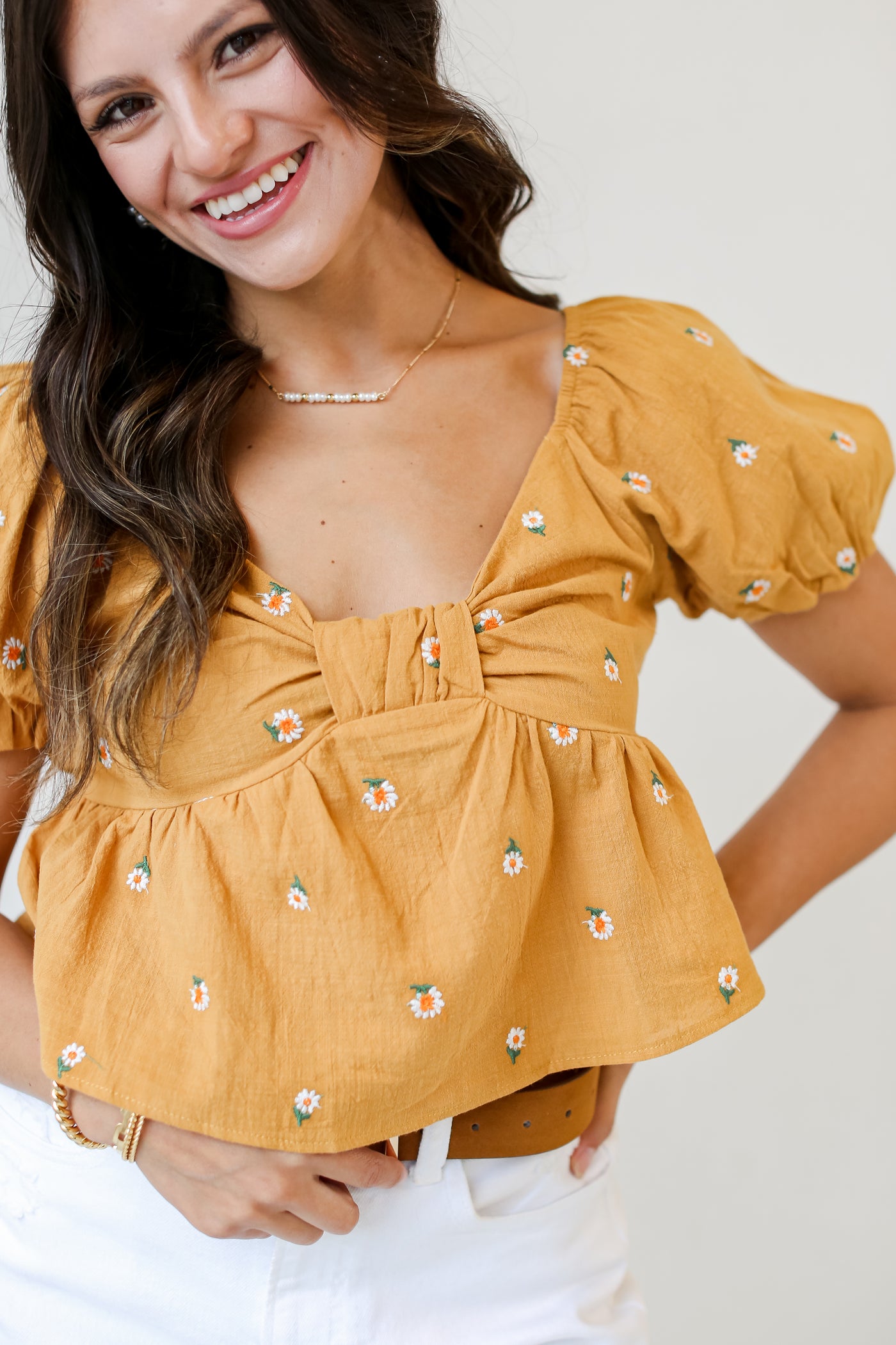 yellow Floral Cropped Blouse close up