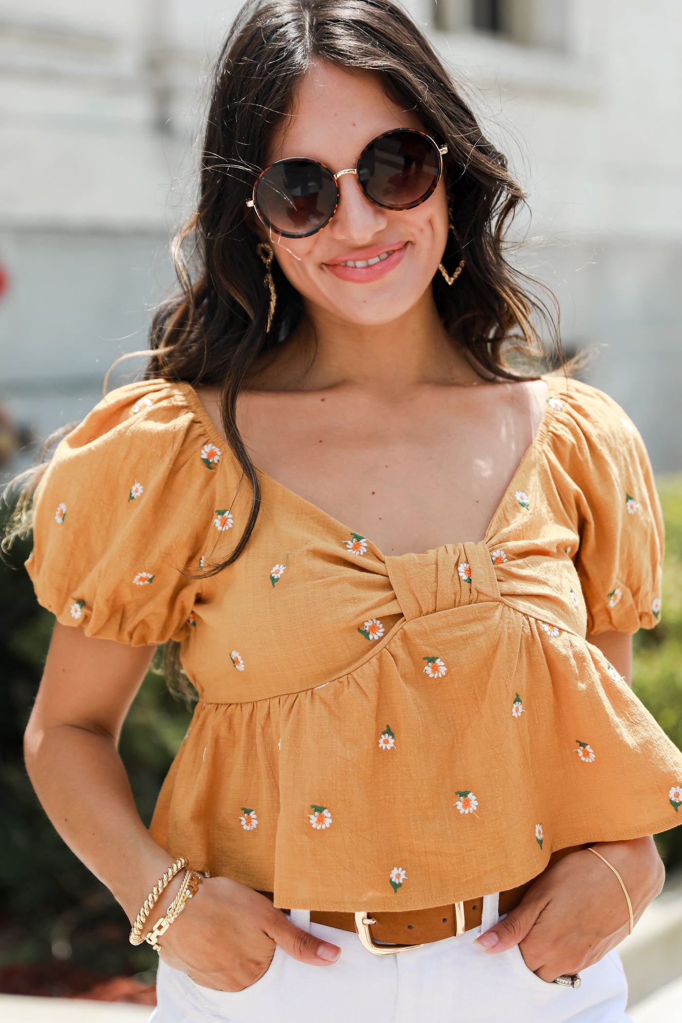 yellow Floral Cropped Blouse on model