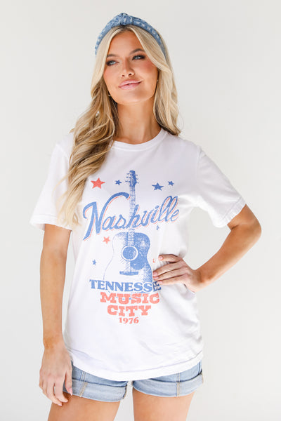 white Nashville Tennessee Music City Graphic Tee on model