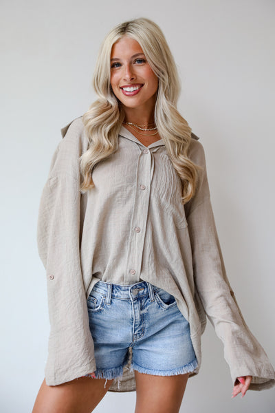 cute Natural Oversized Button-Up Blouse