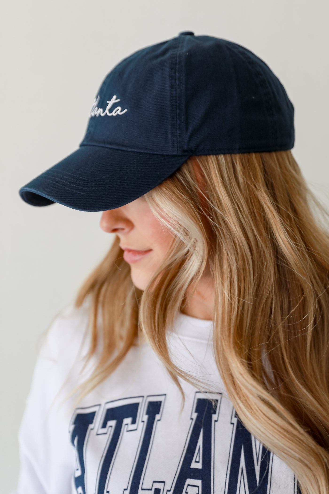navy Atlanta Script Embroidered Hat side view