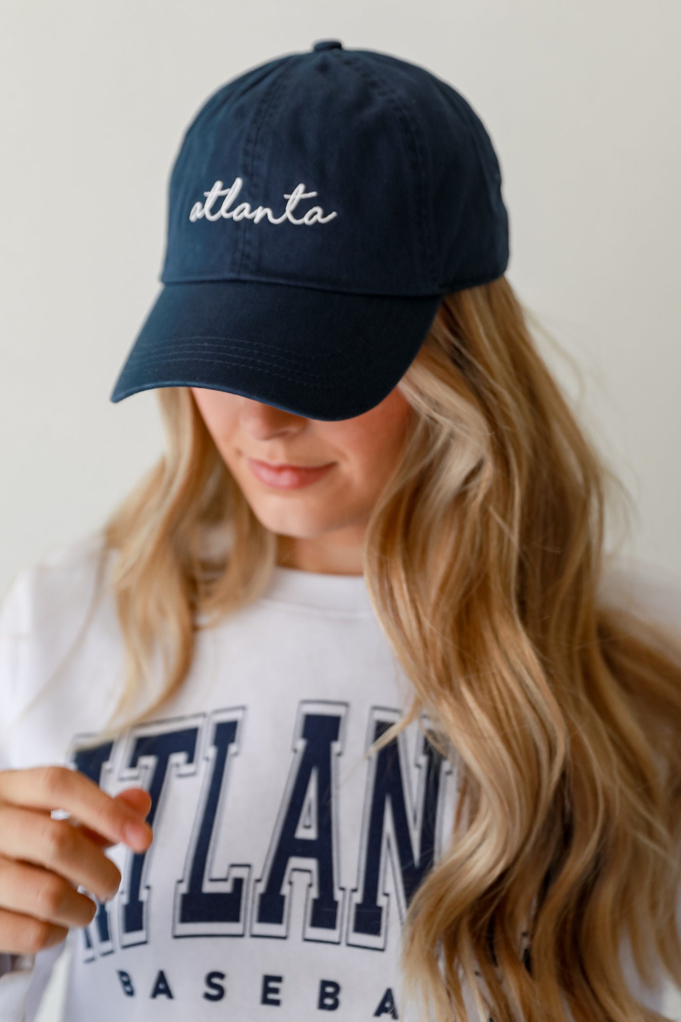 navy Atlanta Script Embroidered Hat front view