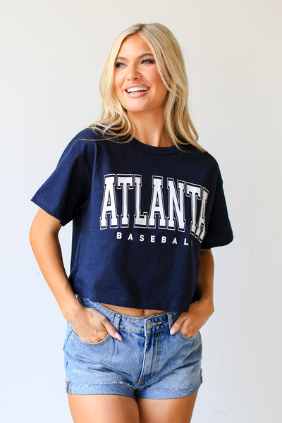 Navy Atlanta Baseball Cropped Tee front view