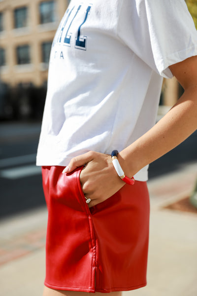 Red + Navy Color Block Tube Bracelet on dress up model