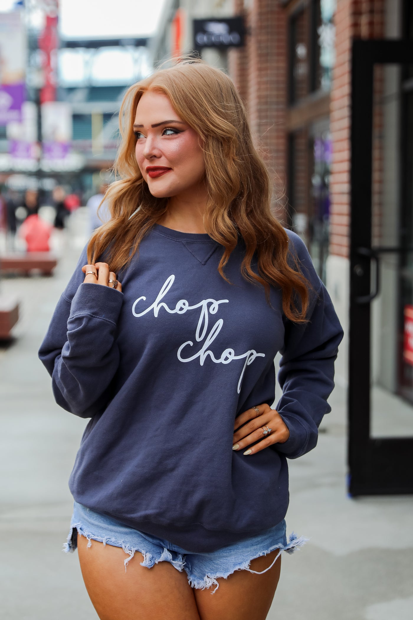 womens Navy Chop Chop Script Sweatshirt
