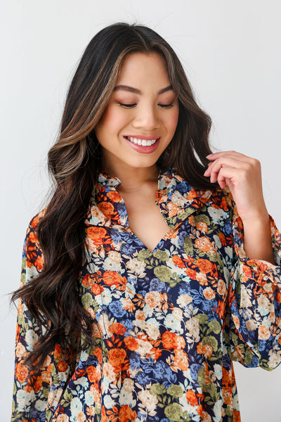 Navy Floral Blouse close up