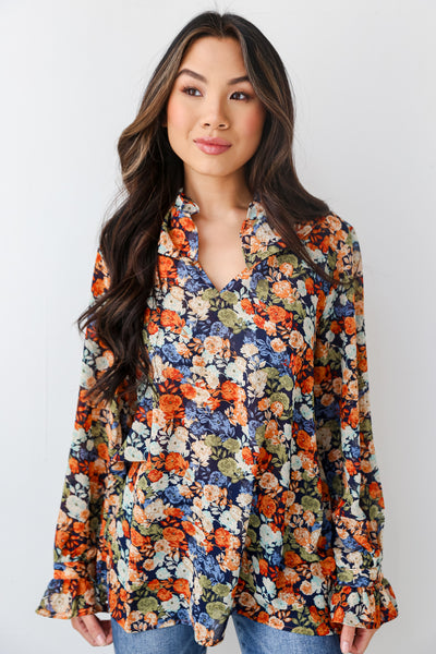 Navy Floral Blouse front view
