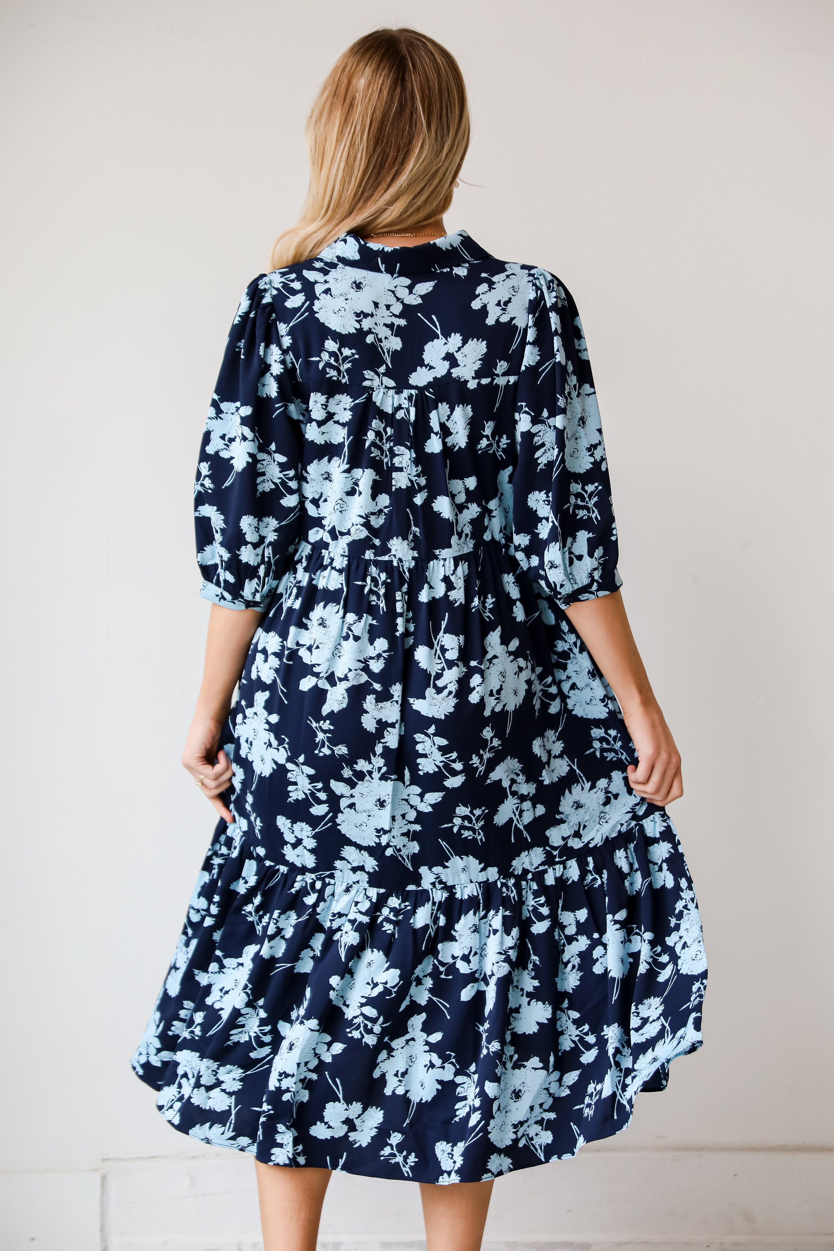 flowy Navy Floral Midi Dress  Navy Blue Dress For Women