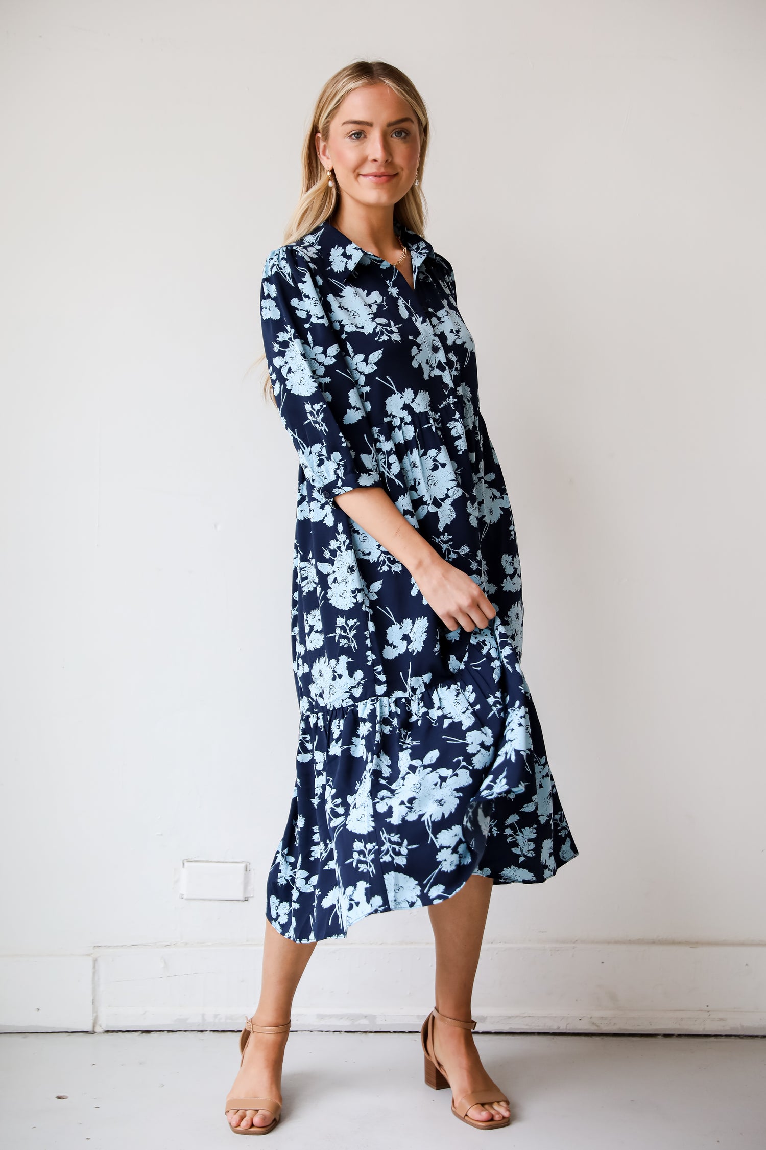 Navy Floral Midi Dress for spring