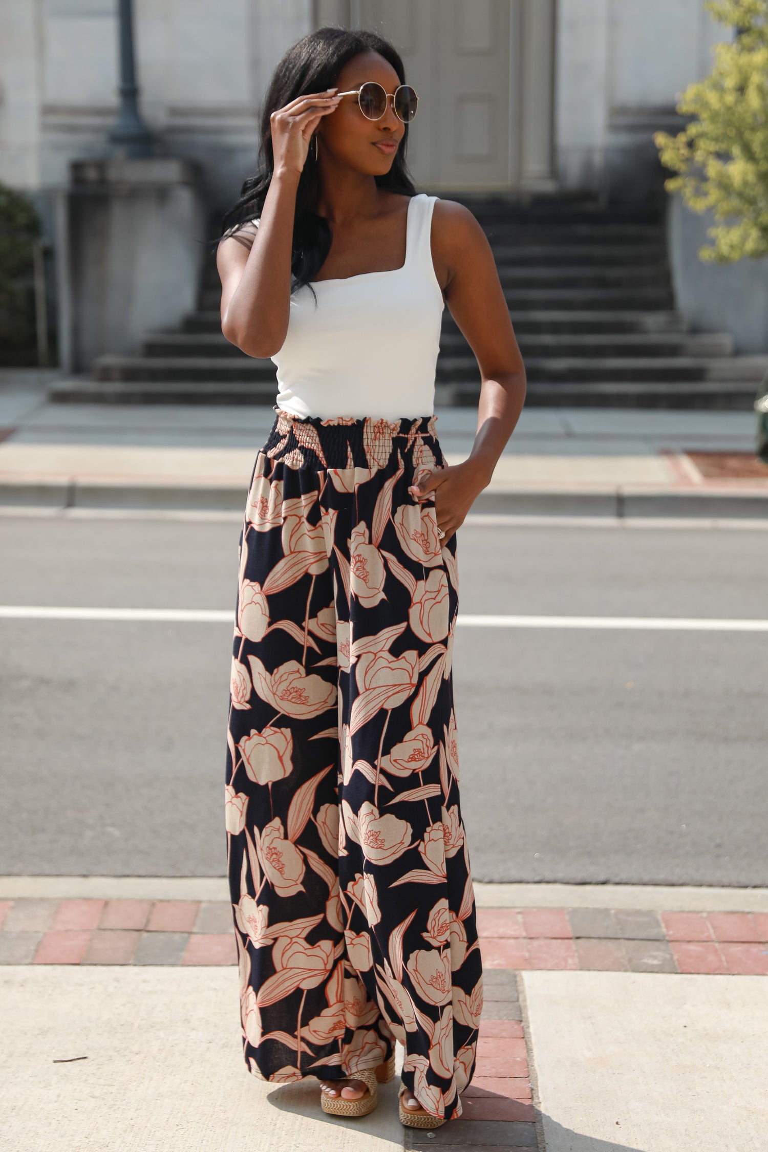 Floral Wide Leg Pants on model