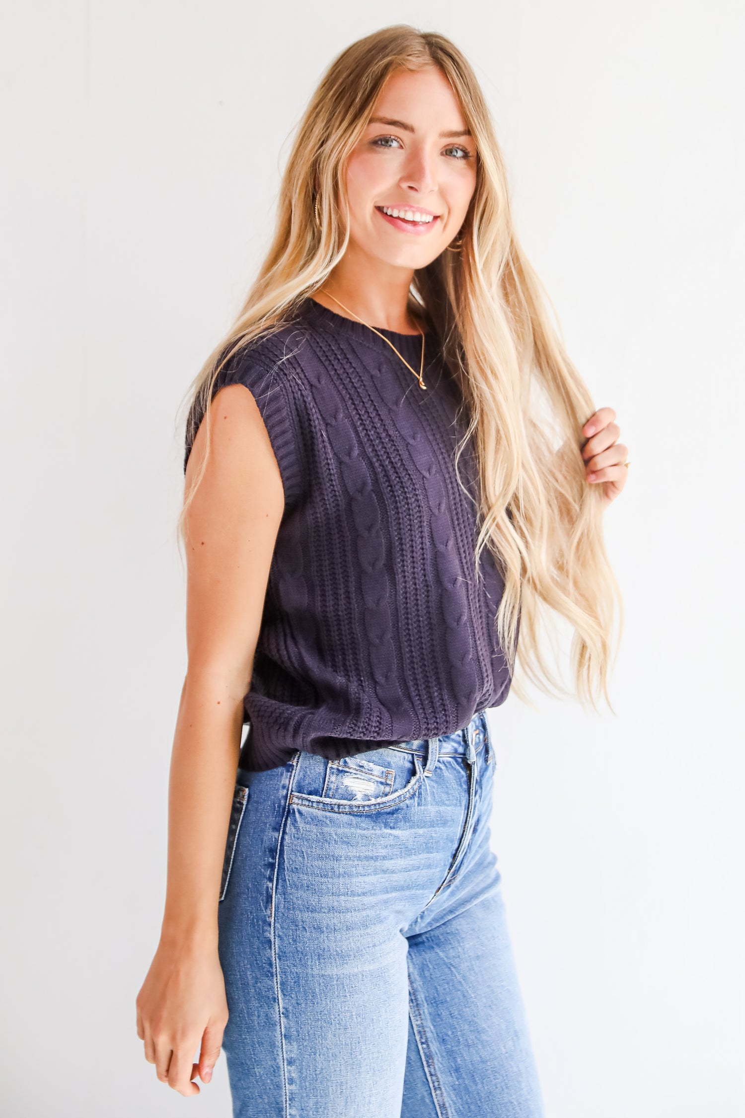 Designated Cutie Navy Cable Knit Sweater Vest