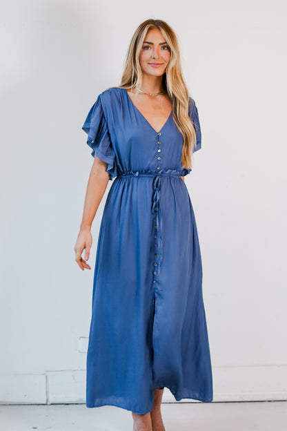 Navy Satin Maxi Dress front view