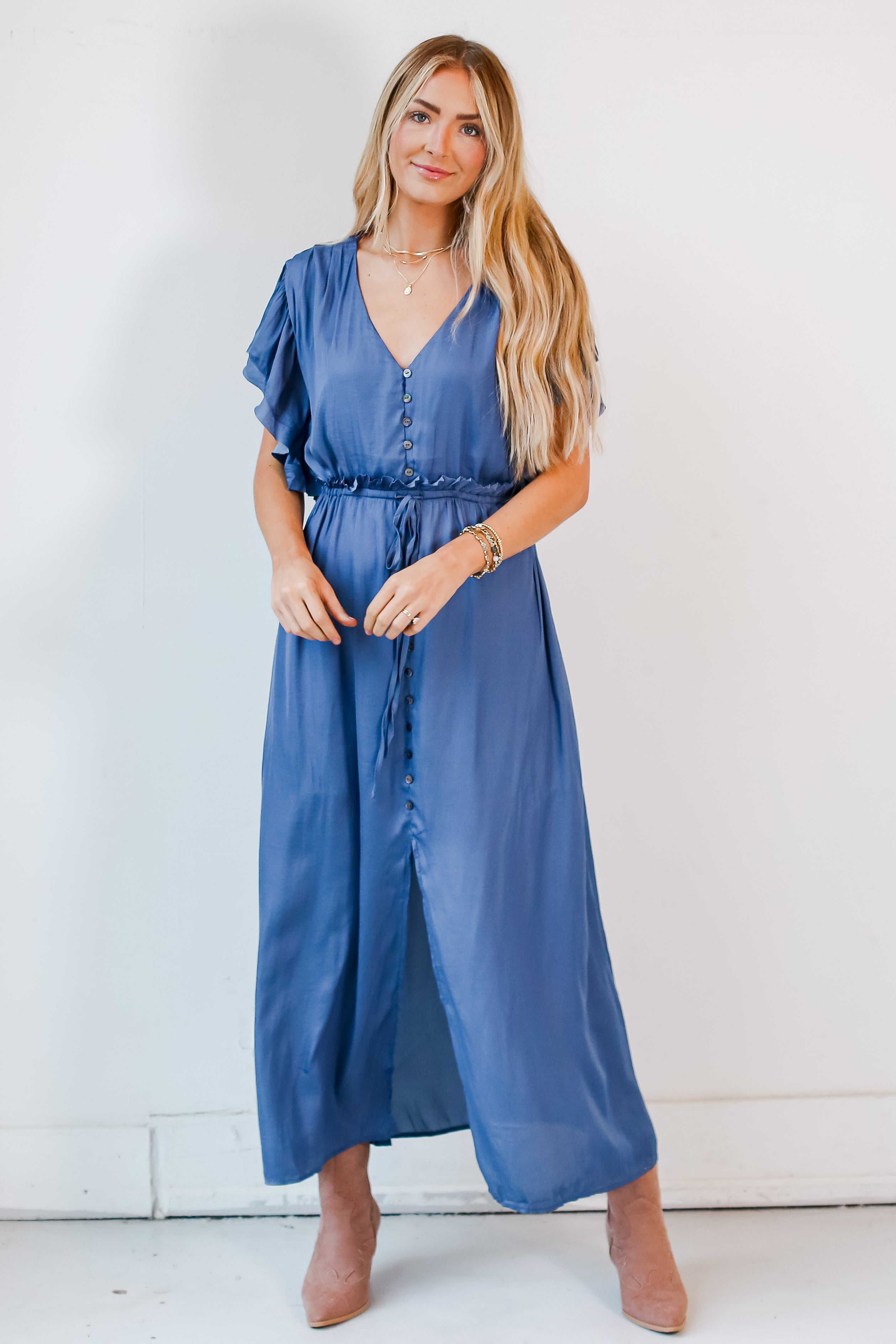 flowy Navy Satin Maxi Dress