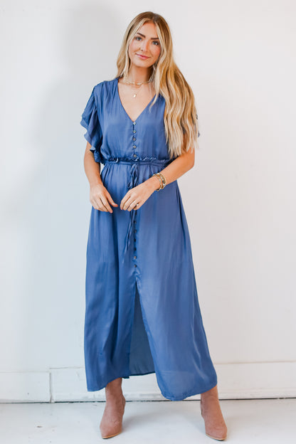 flowy Navy Satin Maxi Dress