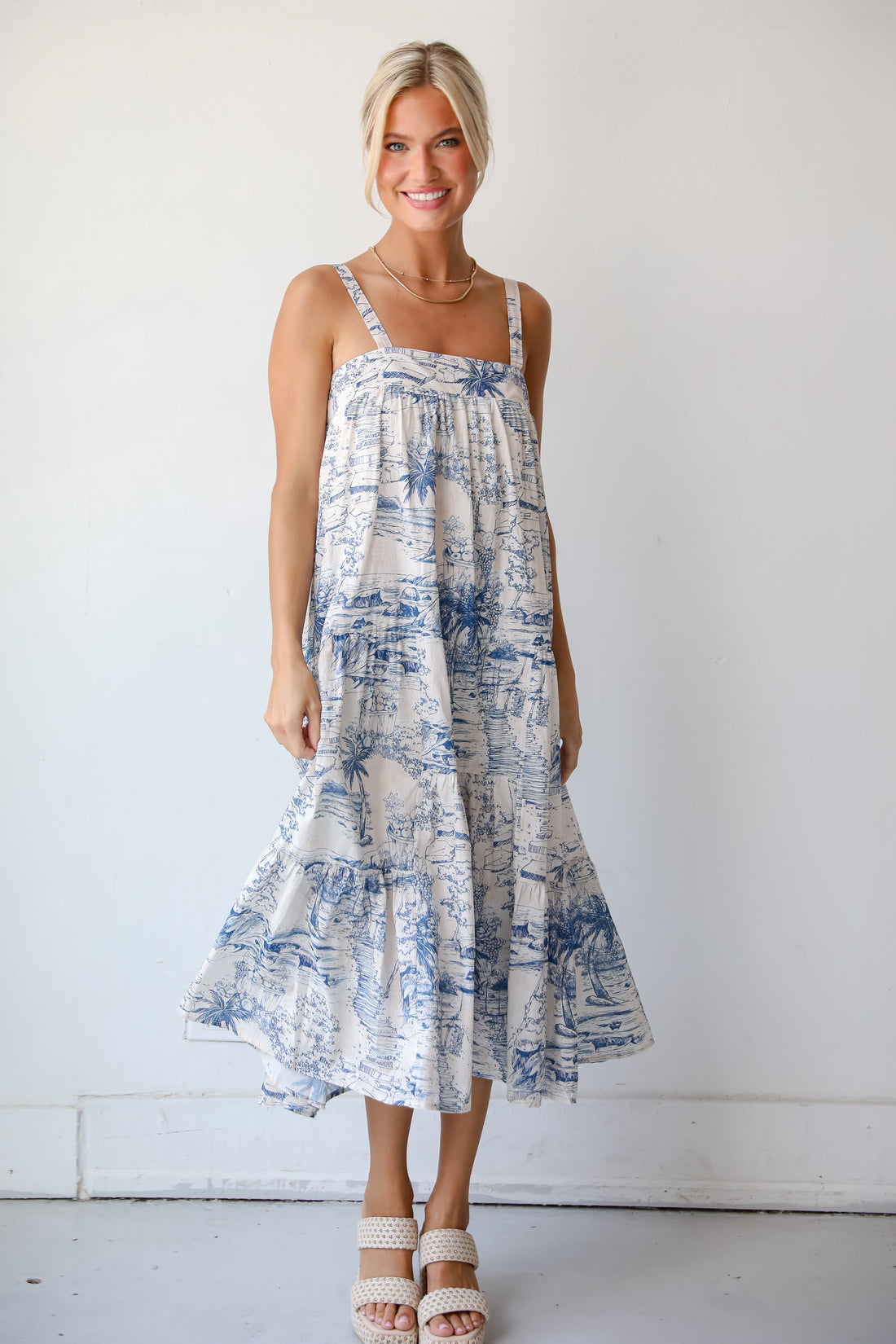 Tropical Lifestyle Blue Tiered Midi Dress