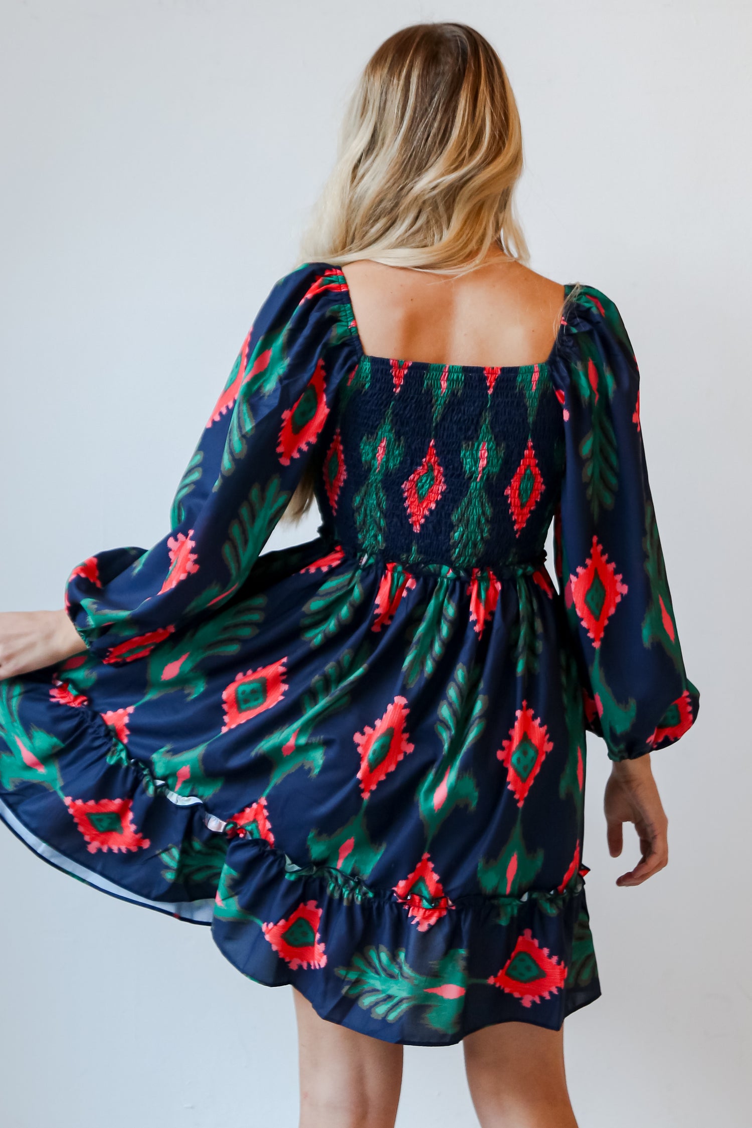 navy print dress back view