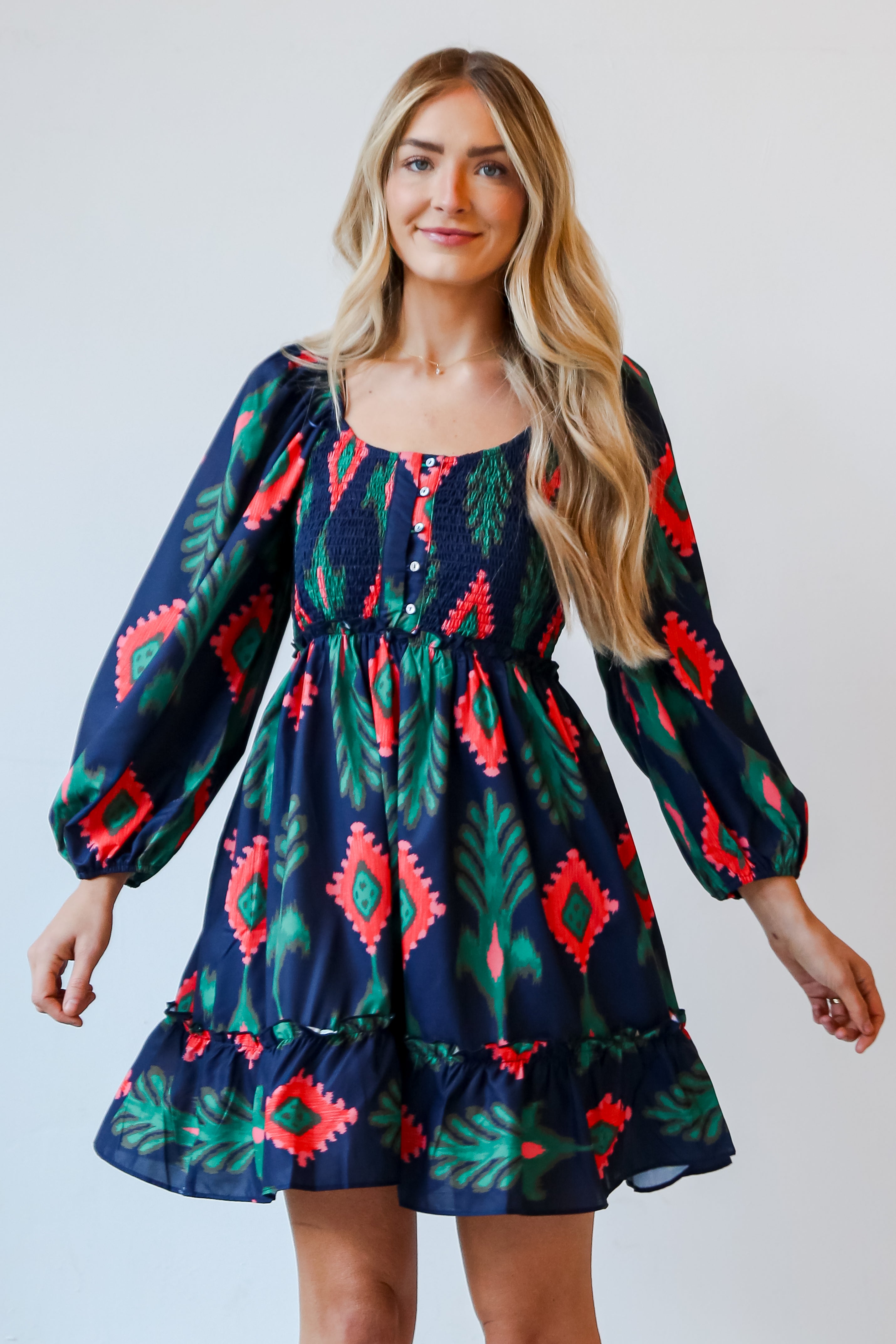 navy print dress front view